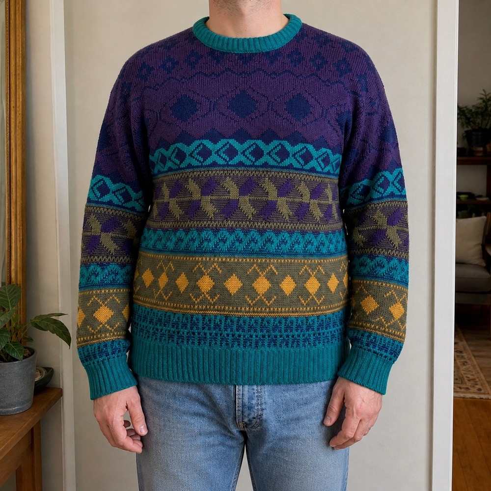 Expressions International Mens L Purple Teal Geometric Fair Isle Sweater (2362)
